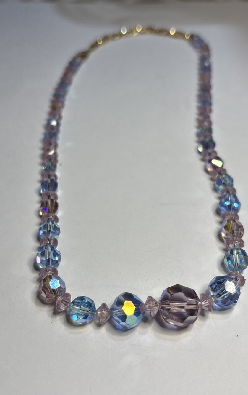 Shimmering AB Light Pink and Blue Faceted Glass Necklace 16”